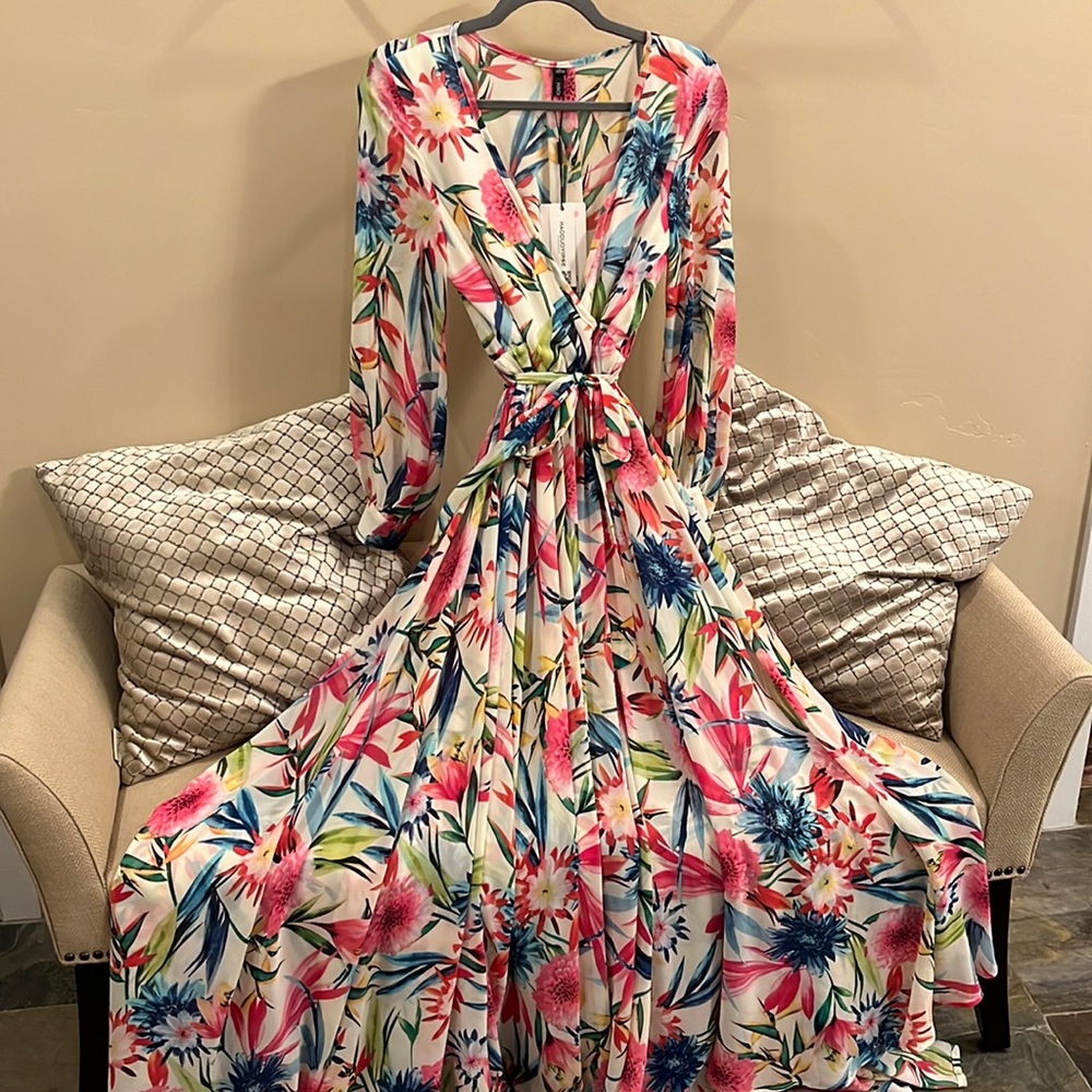 Long floral dress with slip and tie waste